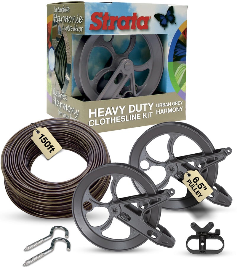 Strata Urban Grey Harmony Clothesline Outdoor Heavy Duty Kit - 150 Feet Galvanized Wire PVC Coating, 6.5" Clothesline Pulley 2pcs, Metal Mini Winch Tightener 1pc & 2 Metal Hooks - Image 1